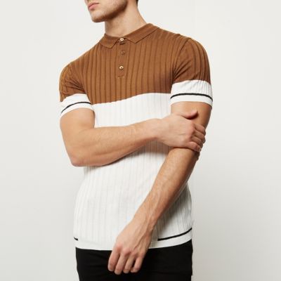 Brown ribbed block muscle fit polo shirt